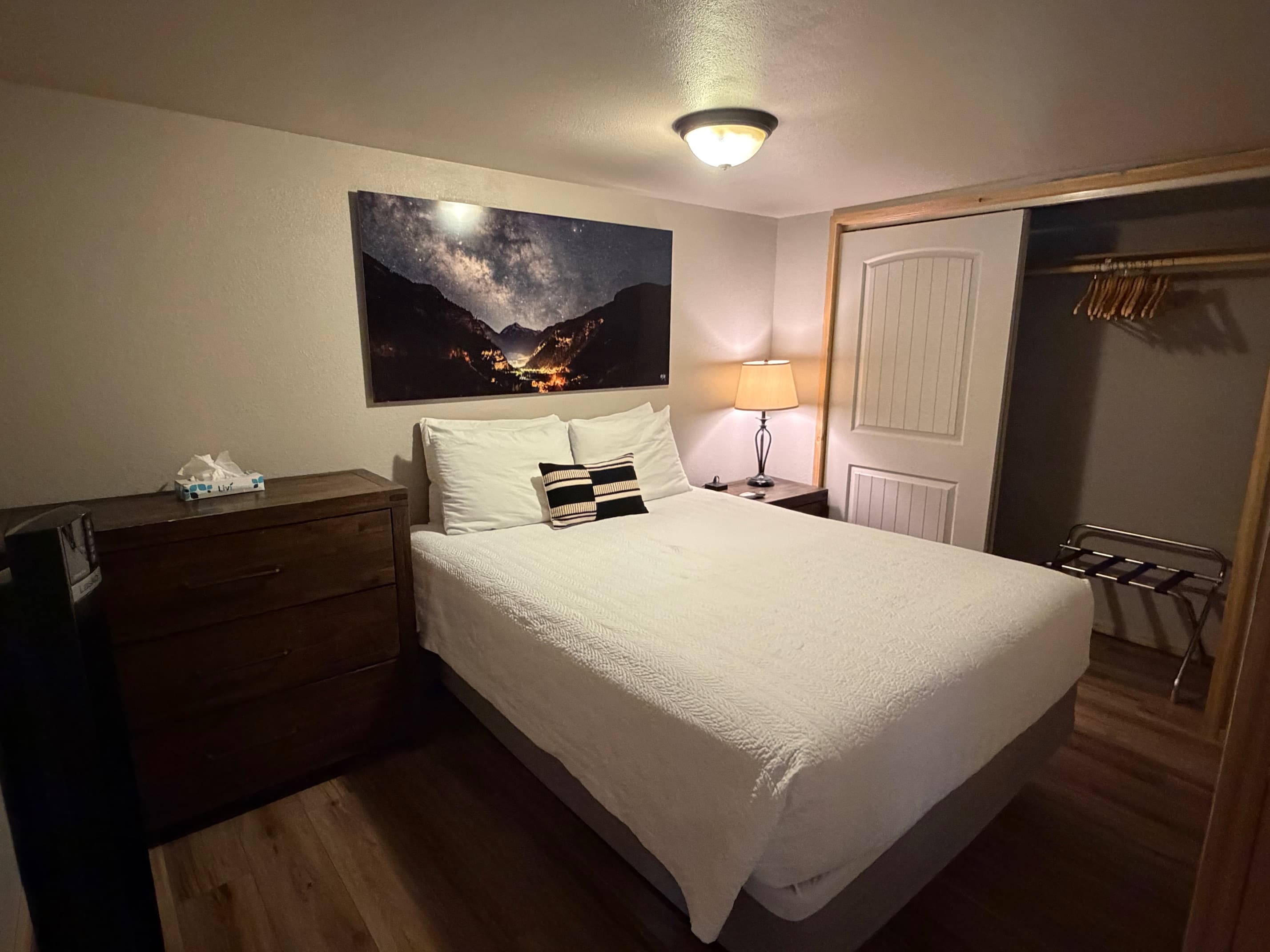 Bedroom One with a single queen bed and large closet.