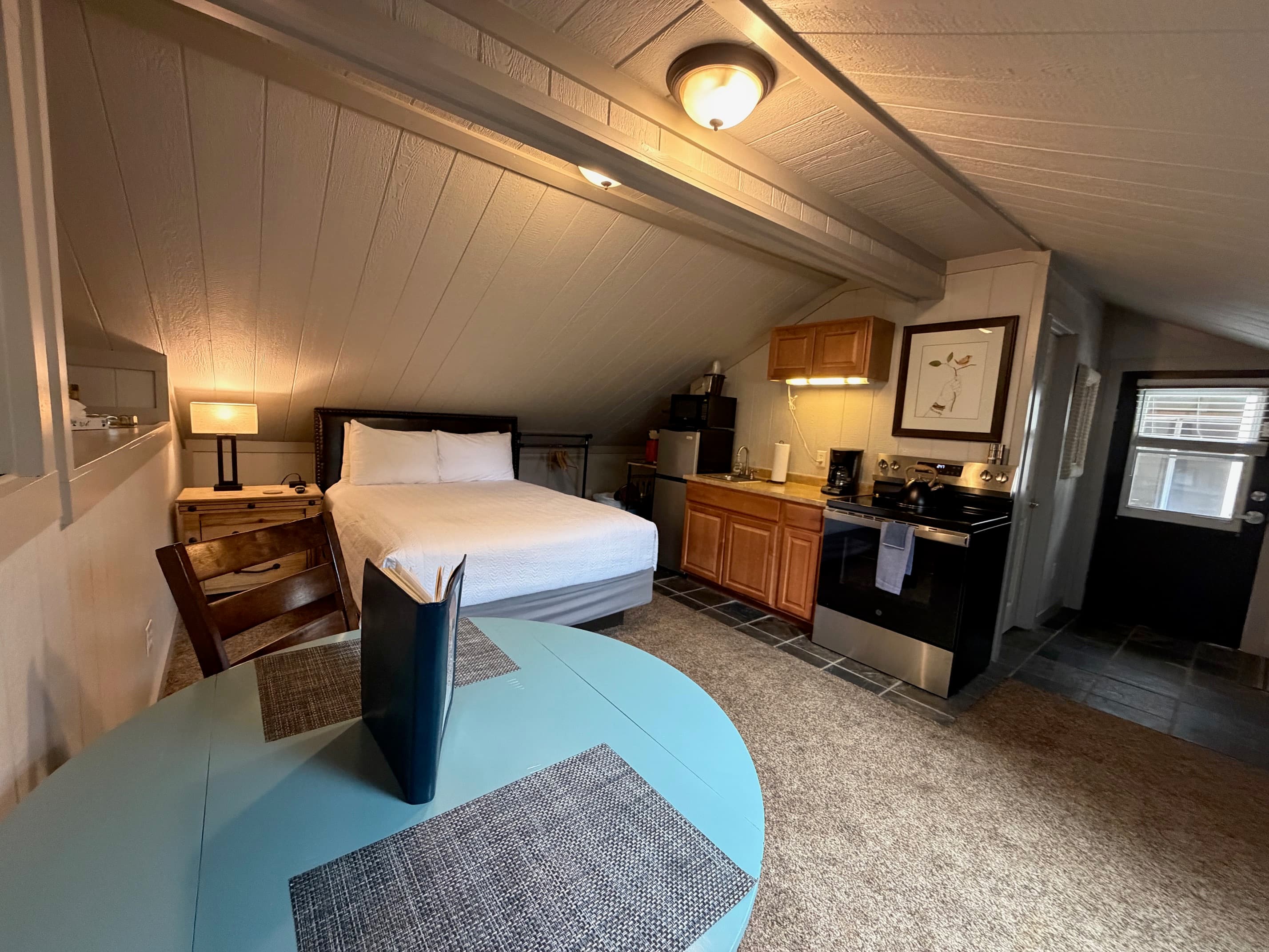 Unique A-Frame structure. One Queen Bed with soft, cozy linens.