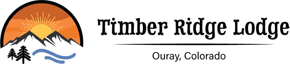 Logo for Timber Ridge Lodge in Ouray, Colorado, featuring mountains, sun, and water elements.