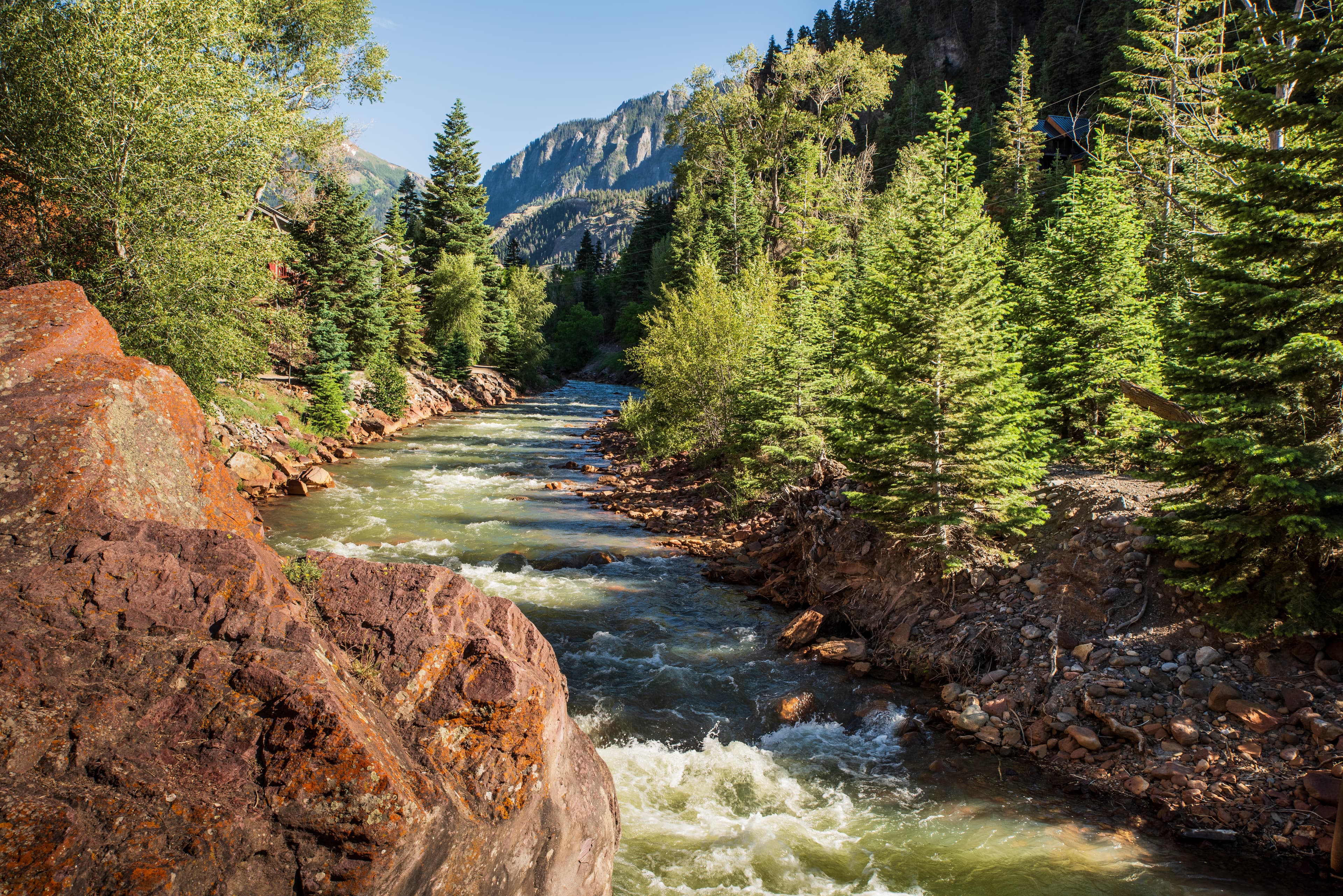 A rushing river flows through a forested canyon surrounded by tall mountains.