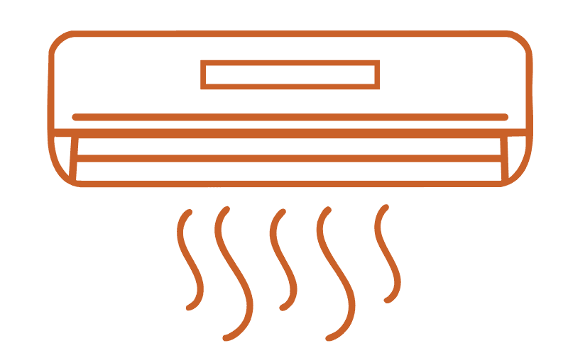 Line drawing of a wall-mounted air conditioner with airflow lines below it.